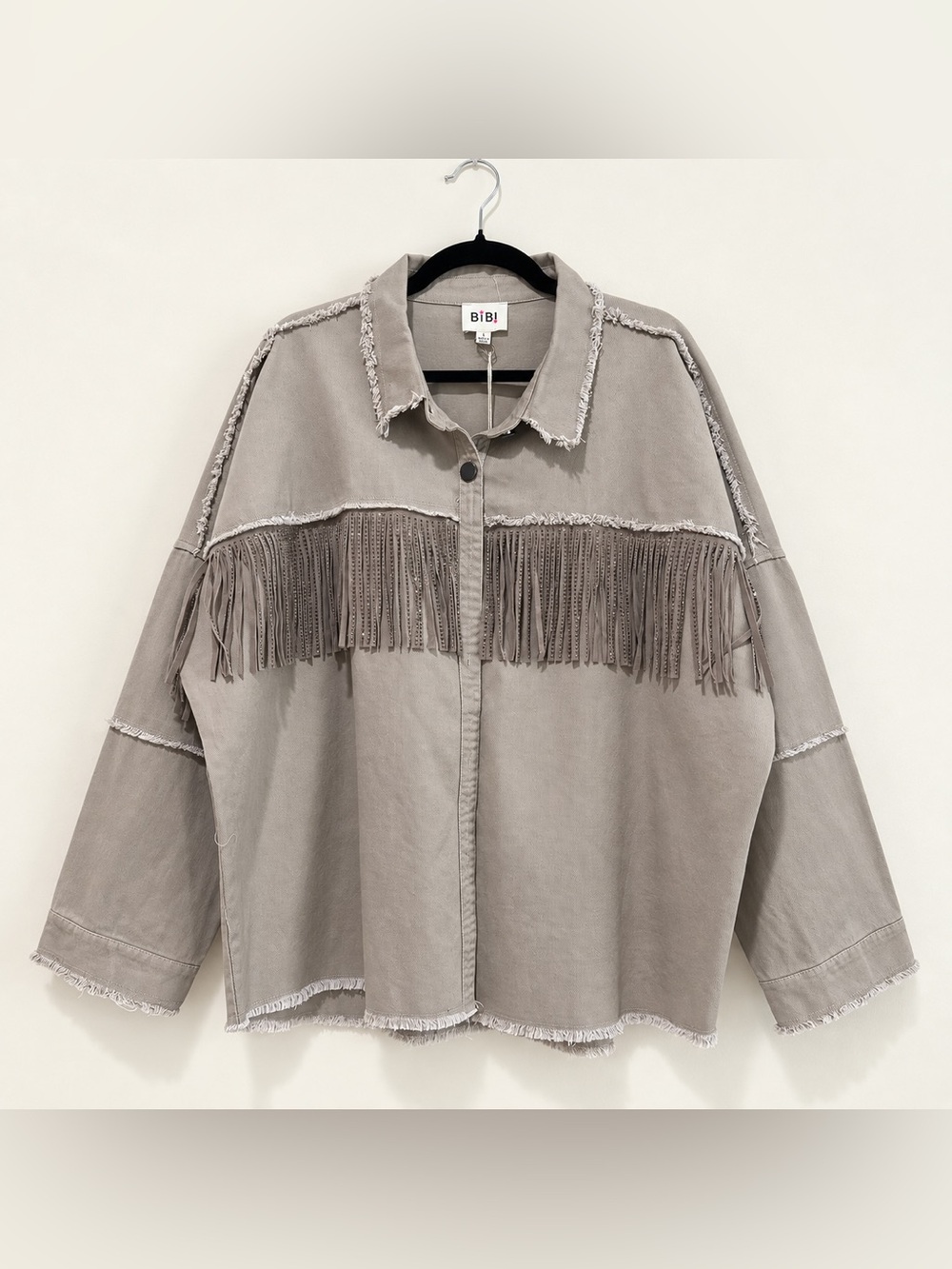 BiBi Studded Fringe Cotton Shacket Taupe Gray Western Jacket L